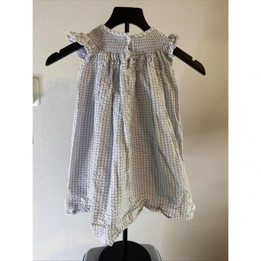 JoJo Maman Bébé Baby Girl Seersucker Stripe Dress 6–12M Embroidered Strawberries